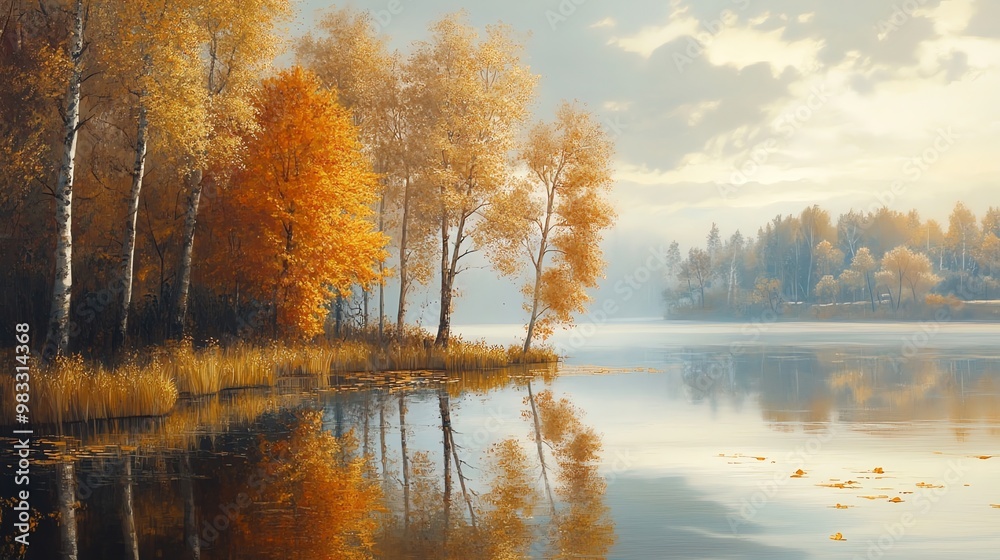 A serene autumn landscape with trees reflecting in a still lake. A serene autumn landscape with trees reflecting in a still lake.