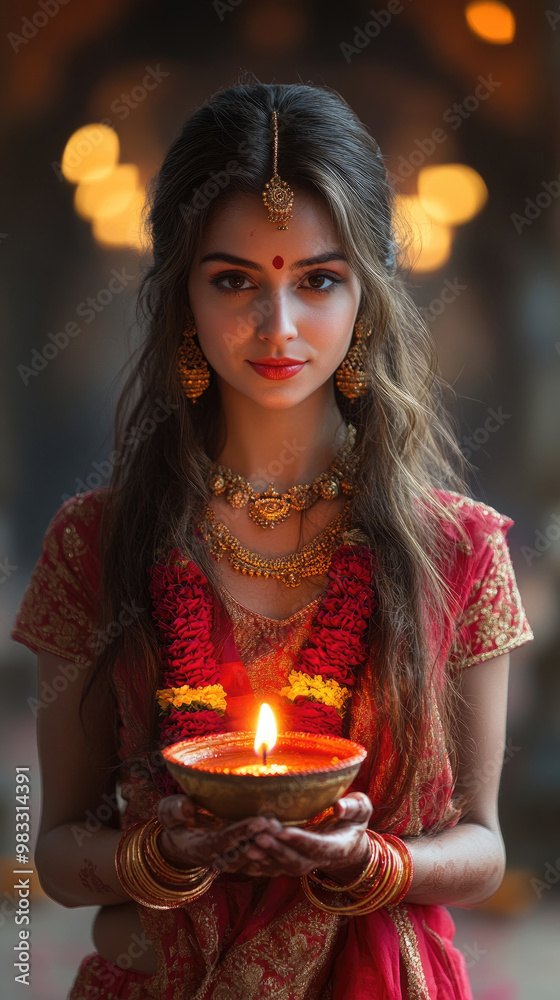 A young woman dressed in vibrant traditional clothing holds a glowing oil lamp while celebrating amidst soft evening lights and decorations A young woman dressed in vibrant traditional clothing holds a glowing oil lamp while celebrating amidst soft evening lights and decorations