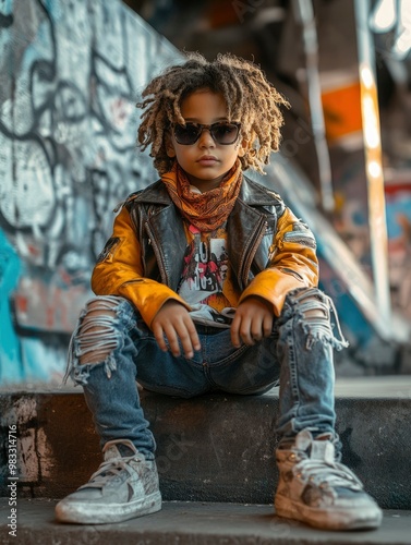 Young Boy Wearing a Leather Jacket and Sunglasses Sitting on a Concrete Step