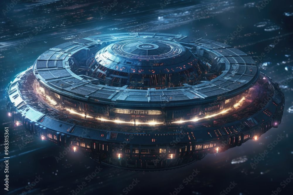 A large, advanced spaceship floats silently in the cosmos, its intricate structure reflecting dazzling lights against the dark backdrop A large, advanced spaceship floats silently in the cosmos, its intricate structure reflecting dazzling lights against the dark backdrop
