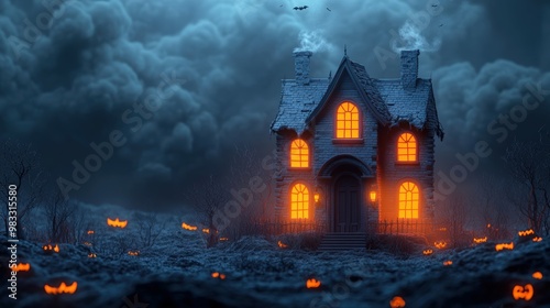 Haunted House With Glowing Windows, Simple Gray Background . Generative ai