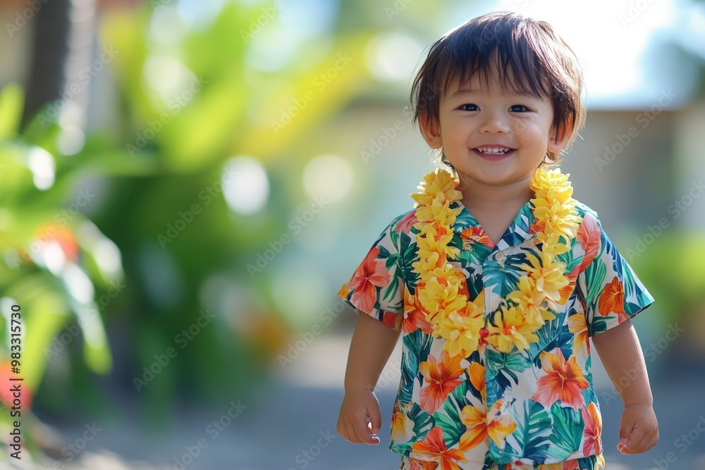 A Smiling Toddler Wearing a Hawaiian Shirt and Lei A Smiling Toddler Wearing a Hawaiian Shirt and Lei