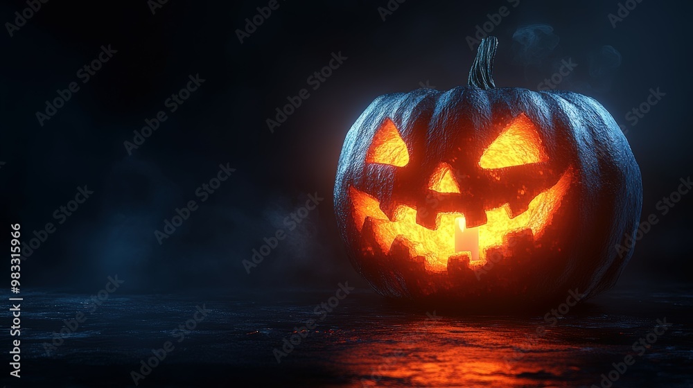 Glowing Jack-O'-Lantern With Candle, Black Background And Blank Space . Generative ai Glowing Jack-O'-Lantern With Candle, Black Background And Blank Space . Generative ai