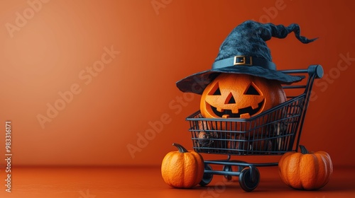 Halloween Checkout Cart With Witch Hat And Pumpkin, Dark Orange Background And Blank Space . Generative ai