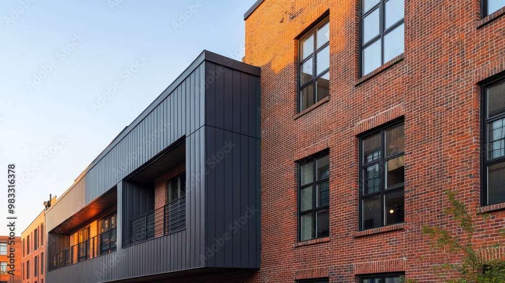 Obraz premium An urban renewal project converting an old factory into loft apartments, with the original brick partially covered by sleek, modern fiber cement siding