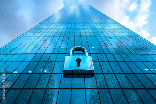 Security Padlock Icon on Skyscraper Symbolizing Financial Protection and Stock Market Safety
 photo