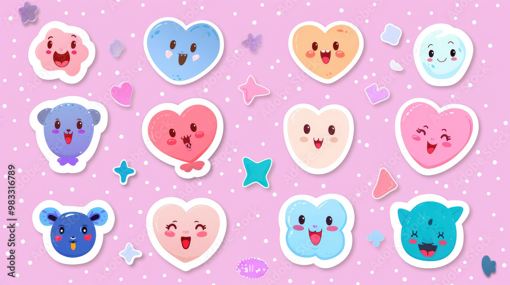 Various cartoon hearts and friendly characters are arranged on a pastel pink backdrop, showcasing their joyful expressions and vibrant colors Various cartoon hearts and friendly characters are arranged on a pastel pink backdrop, showcasing their joyful expressions and vibrant colors