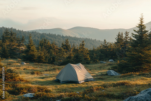 Outdoor camping photo. tent in the middle of nature, beautiful landscape. natural, protected area