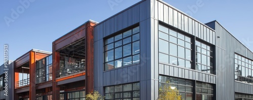 An urban renewal project featuring old industrial buildings refitted with aluminum siding, transforming them into modern, energy-efficient offices and lofts photo