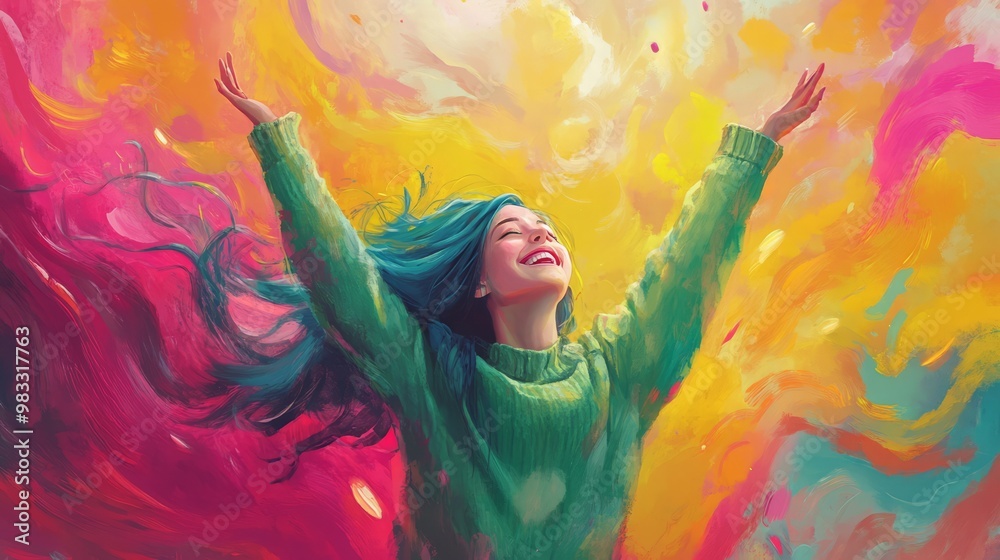 Obraz premium Joyful Girl Embracing Colorful Energy in Abstract Artwork
