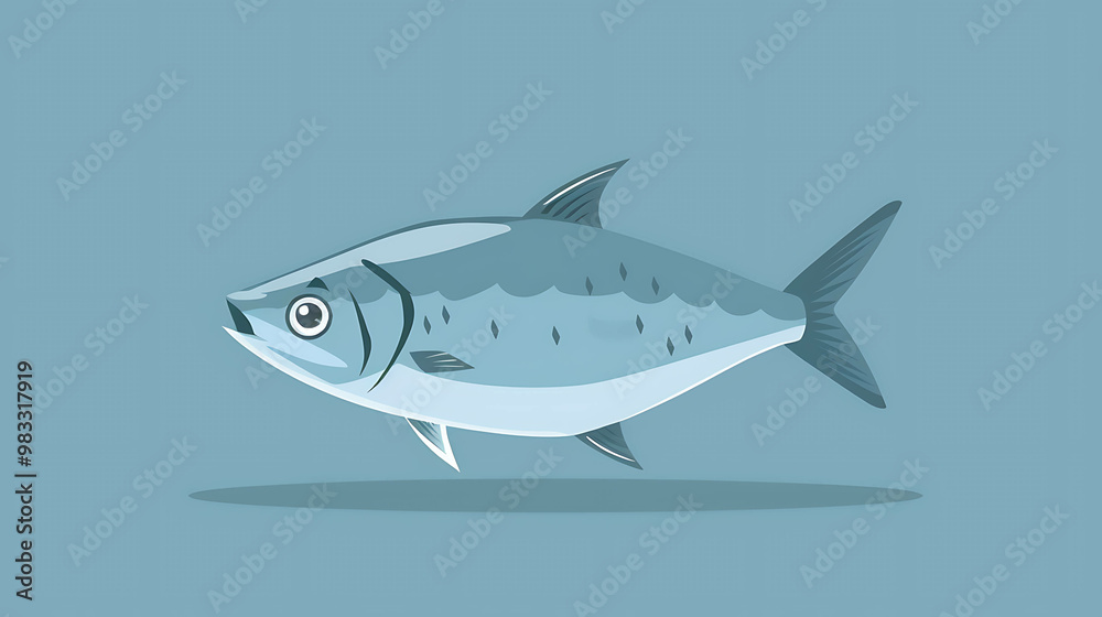 Cartoon illustration of a blue fish swimming.