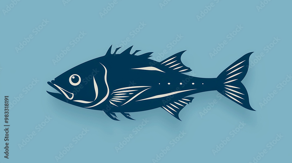 Fototapeta premium Silhouette of a fish with white details, isolated on a blue background.