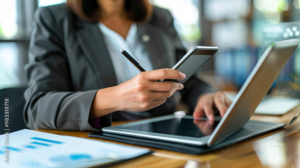 Professional Woman Multitasking With a Smartphone and Laptop in a Modern Office Setting Professional Woman Multitasking With a Smartphone and Laptop in a Modern Office Setting
