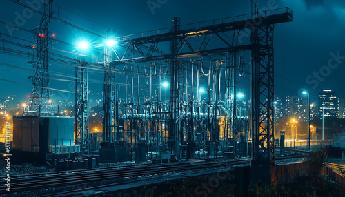 An electrical substation at night, illuminated by bright lights. Power lines and transformers create a complex system of cables, and sparks run along the wires