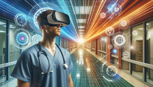 Um profissional de saúde usando óculos de realidade virtual em um ambiente hospitalar. Linhas de luz e ícones digitais flutuam ao redor, simbolizando tecnologia avançada e inovação médica.