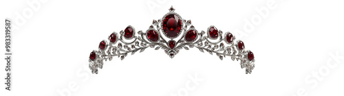 Silver tiara with rubies. Crown on the head of precious stones. Women's silver tiara