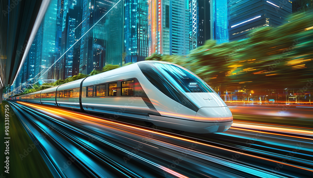 Fototapeta premium Ultra-modern high-speed train rushing along high-speed rails against the background of a futuristic metropolis. Sleek, streamlined forms of the train