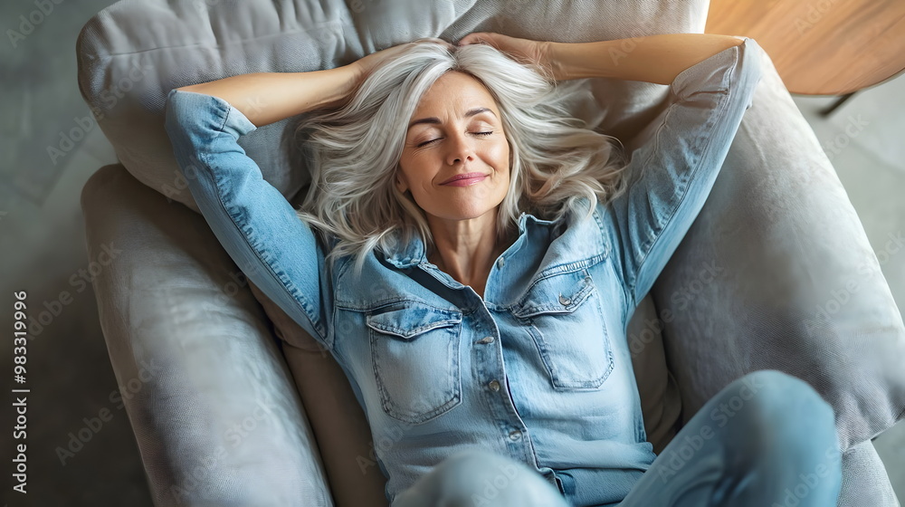 Obraz premium Relaxing Woman Enjoying Serenity Comfortable Sofa Denim Outfit