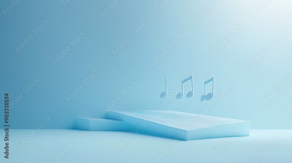 Minimalist blue background with music notes and white platform, music concept Minimalist blue background with music notes and white platform, music concept