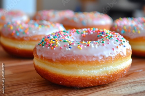 Glazed Donut with Multicolored Sprinkles on Wooden Surface