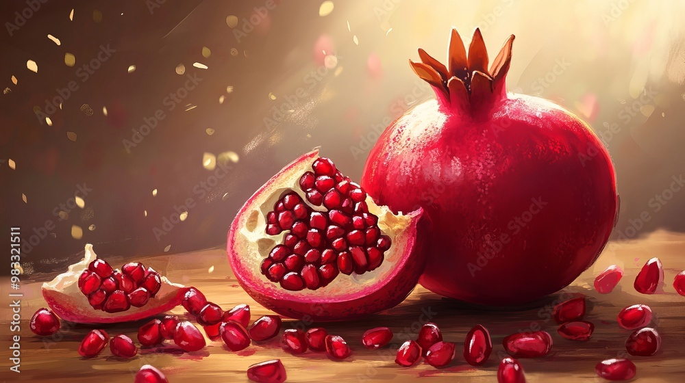 Delight in the Vibrant Freshness of Organic Juicy Pomegranate: A Celebration of Nature’s Sweetest Gems and Their Nutritious Arils Delight in the Vibrant Freshness of Organic Juicy Pomegranate: A Celebration of Nature’s Sweetest Gems and Their Nutritious Arils