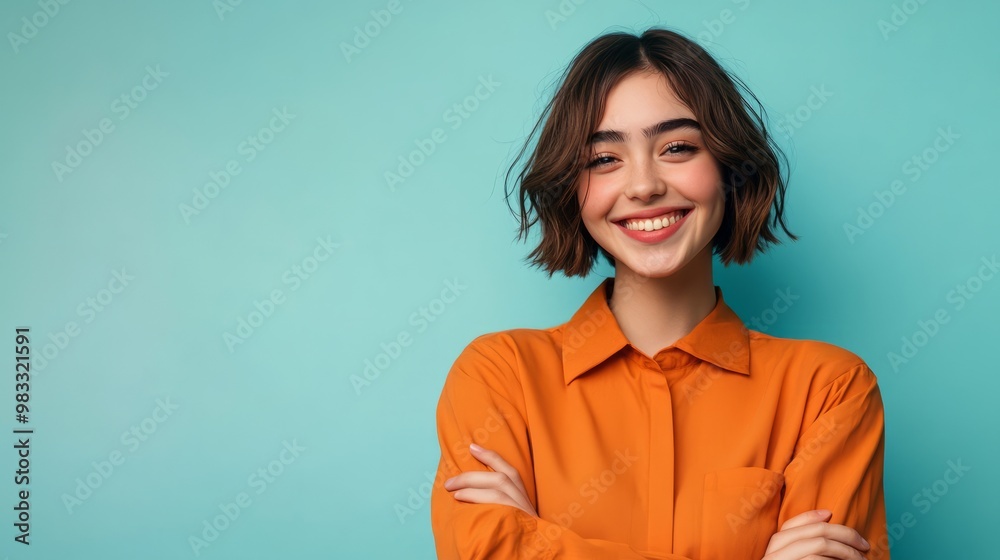 Smiling Young Woman in Orange Shirt Against Blue Background Smiling Young Woman in Orange Shirt Against Blue Background