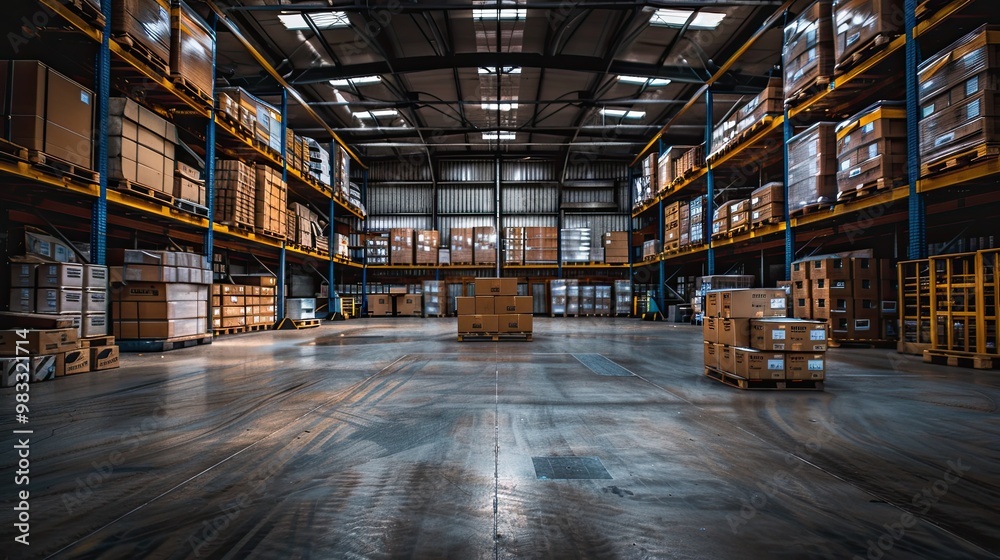 A large warehouse with numerous items. Rows of shelves with boxes. Logistics. Inventory control, order fulfillment or space optimization. Illustration for advertising, marketing or presentation. A large warehouse with numerous items. Rows of shelves with boxes. Logistics. Inventory control, order fulfillment or space optimization. Illustration for advertising, marketing or presentation.