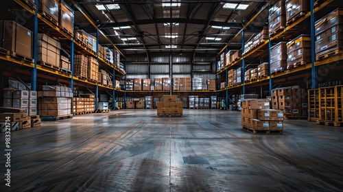 A large warehouse with numerous items. Rows of shelves with boxes.  Logistics. Inventory control, order fulfillment or space optimization. Illustration for advertising, marketing or presentation.