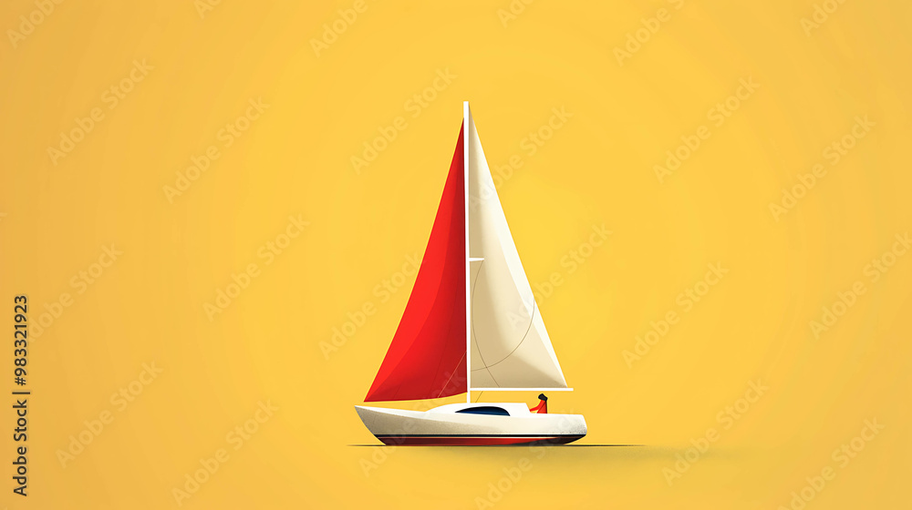 A white sailboat with a red sail on a yellow background. A white sailboat with a red sail on a yellow background.