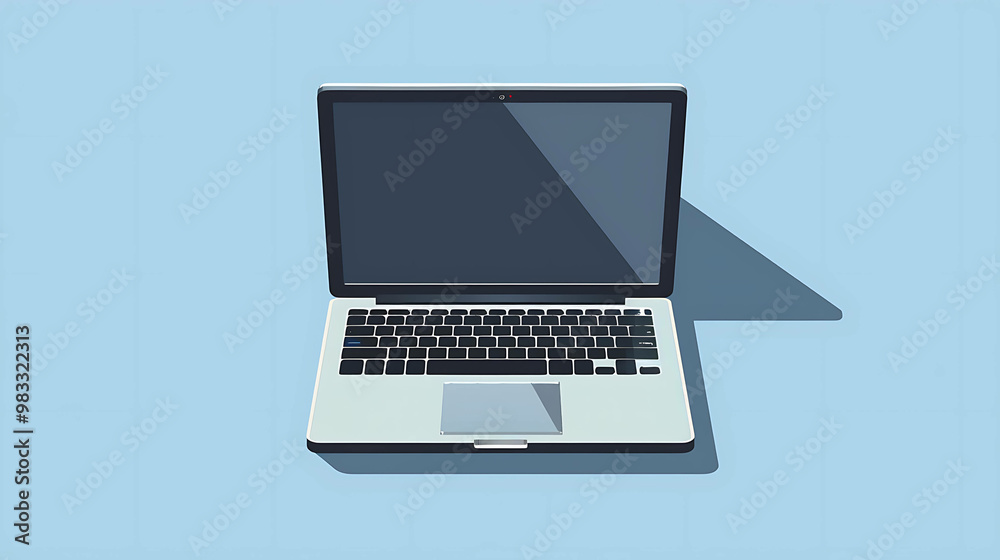 A laptop computer with a blank screen sits on a blue background. A laptop computer with a blank screen sits on a blue background.