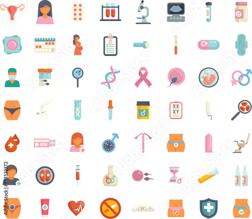 Gynecology and obstetrics icons showing pregnancy and fertility, including sperm, ovary, uterus and pregnancy test