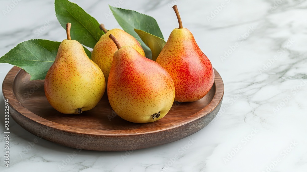 Vibrant Arrangement of Three Ripe Forelle Pears with Green Leaves on a Rustic Wooden Tray Against a Chic White Marble Background—A Celebration of Healthy Eating Vibrant Arrangement of Three Ripe Forelle Pears with Green Leaves on a Rustic Wooden Tray Against a Chic White Marble Background—A Celebration of Healthy Eating