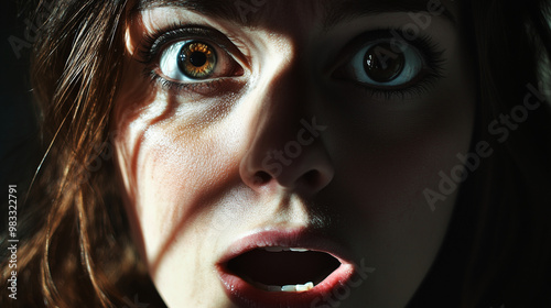 A close-up of a person’s wide-open eyes and slightly parted mouth, capturing a moment of shock or surprise. Shadows emphasize the suddenness and intensity of the emotion,.