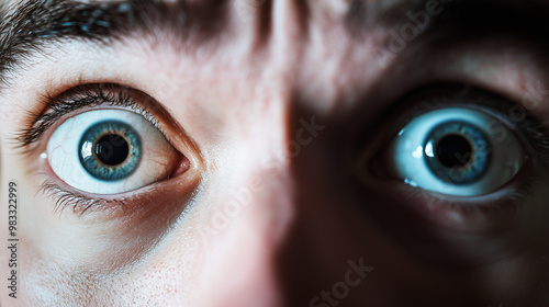 A close-up of a person’s wide-open eyes and slightly parted mouth, capturing a moment of shock or surprise. Shadows emphasize the suddenness and intensity of the emotion,.