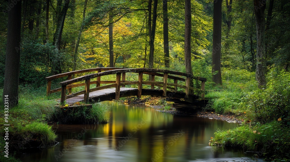 A wooden footbridge spanning a calm, still stream in a lush forest. A wooden footbridge spanning a calm, still stream in a lush forest.
