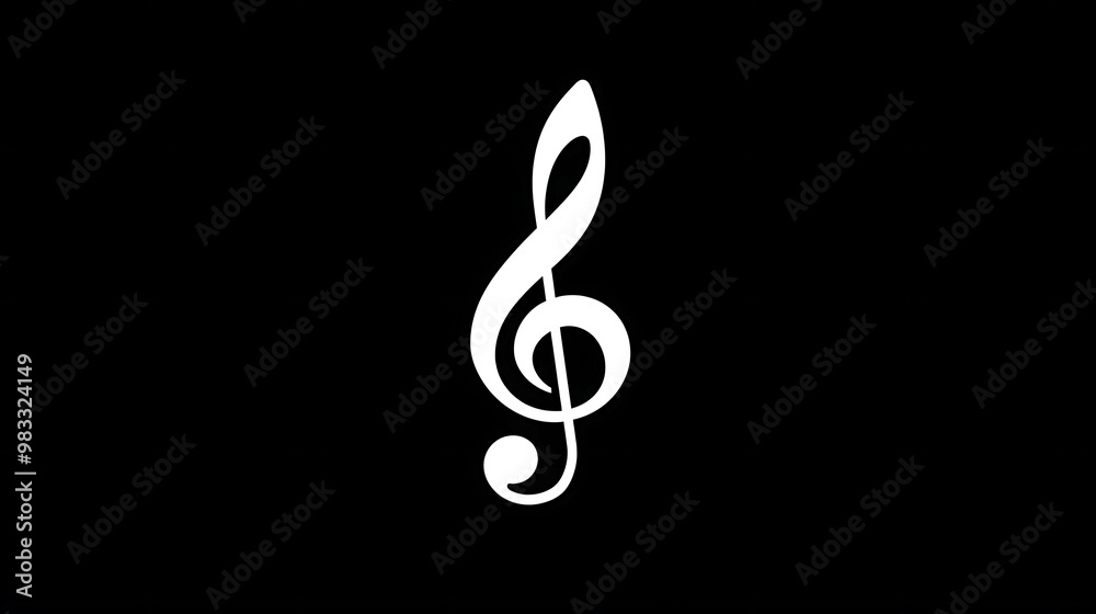 A white treble clef on a black background.
