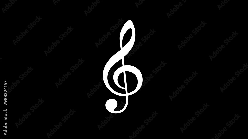 A white treble clef on a black background. A white treble clef on a black background.