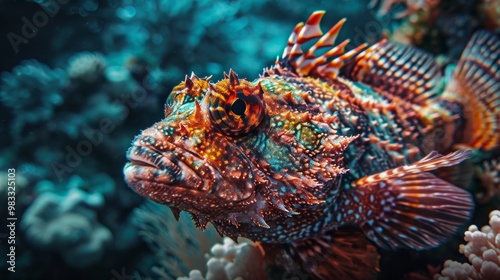 Close-up of a vibrant, spiky fish in the ocean.