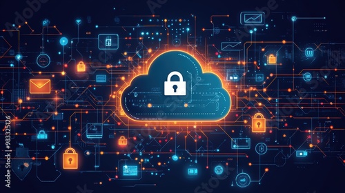 Cloud Security Concept with Lock and Data Connections