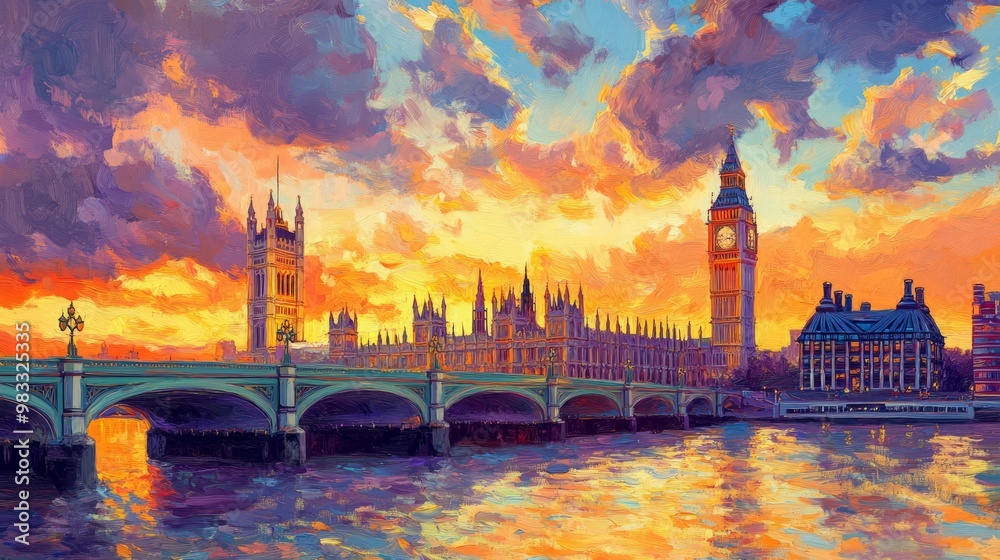 Naklejka premium Stunning Sunset Over London Cityscape with Big Ben