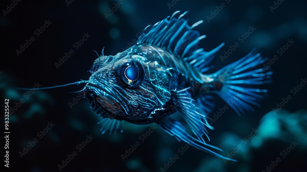 A close-up of a fish with a large eye in a dark blue background.