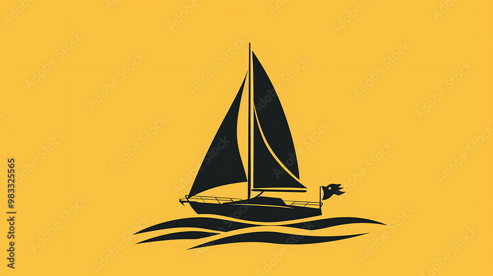 A black silhouette of a sailboat on a yellow background. A black silhouette of a sailboat on a yellow background.