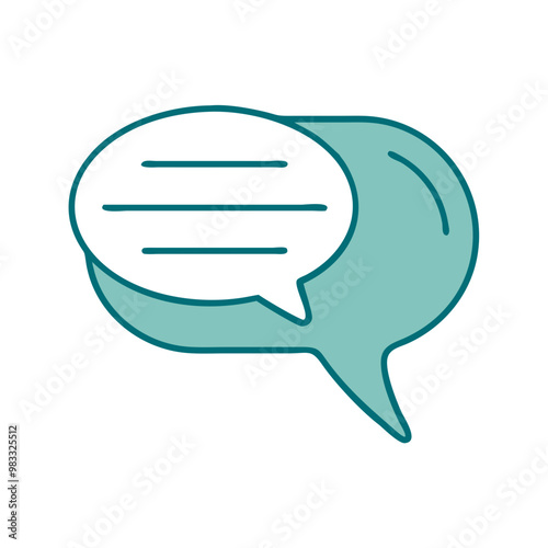 Two speech bubbles icon, flat design, teal and white, dialogue or communication concept