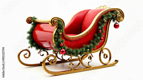 Red Santa Sleigh Decorated with Gold Trim and Christmas Garland on white background photo