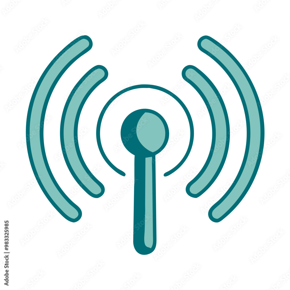 Microphone with signal waves, green outline, communication and broadcasting concept Microphone with signal waves, green outline, communication and broadcasting concept