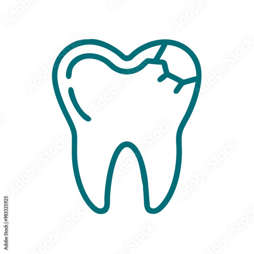 Cracked tooth icon, green outline, dental health and care concept