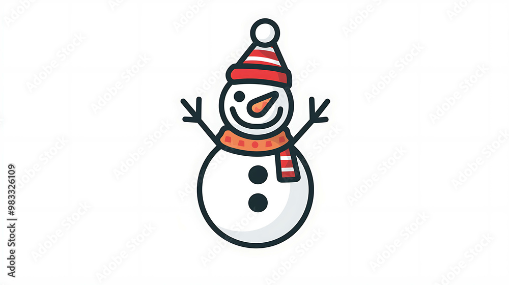 Smiling snowman wearing a red and white hat and scarf. Smiling snowman wearing a red and white hat and scarf.