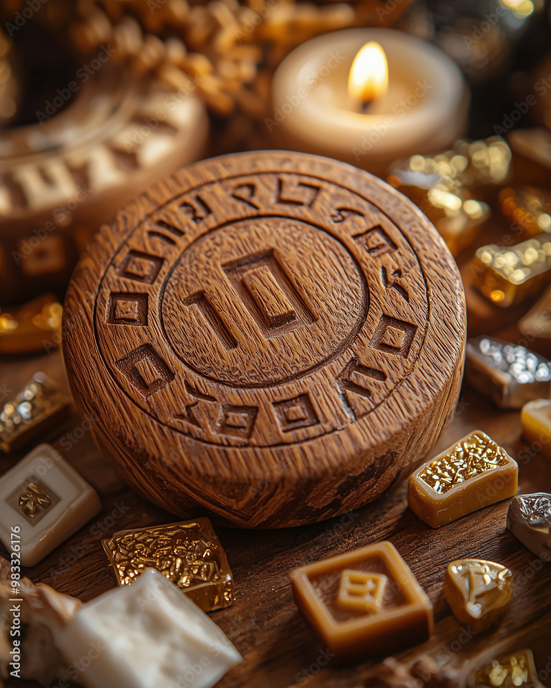 Hanukkah Dreidel Carved from Wood with Gelt Coins and Candles Hanukkah Dreidel Carved from Wood with Gelt Coins and Candles