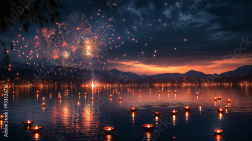 Fireworks and Diyas Reflection: Fireworks exploding above a lake, with their reflection in the water along with the flickering lights of floating diyas, Diwali
