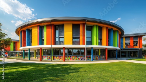 A circular kindergarten complex with playful, multicolored fiber cement siding, designed to stimulate learning and provide a joyful environment for children